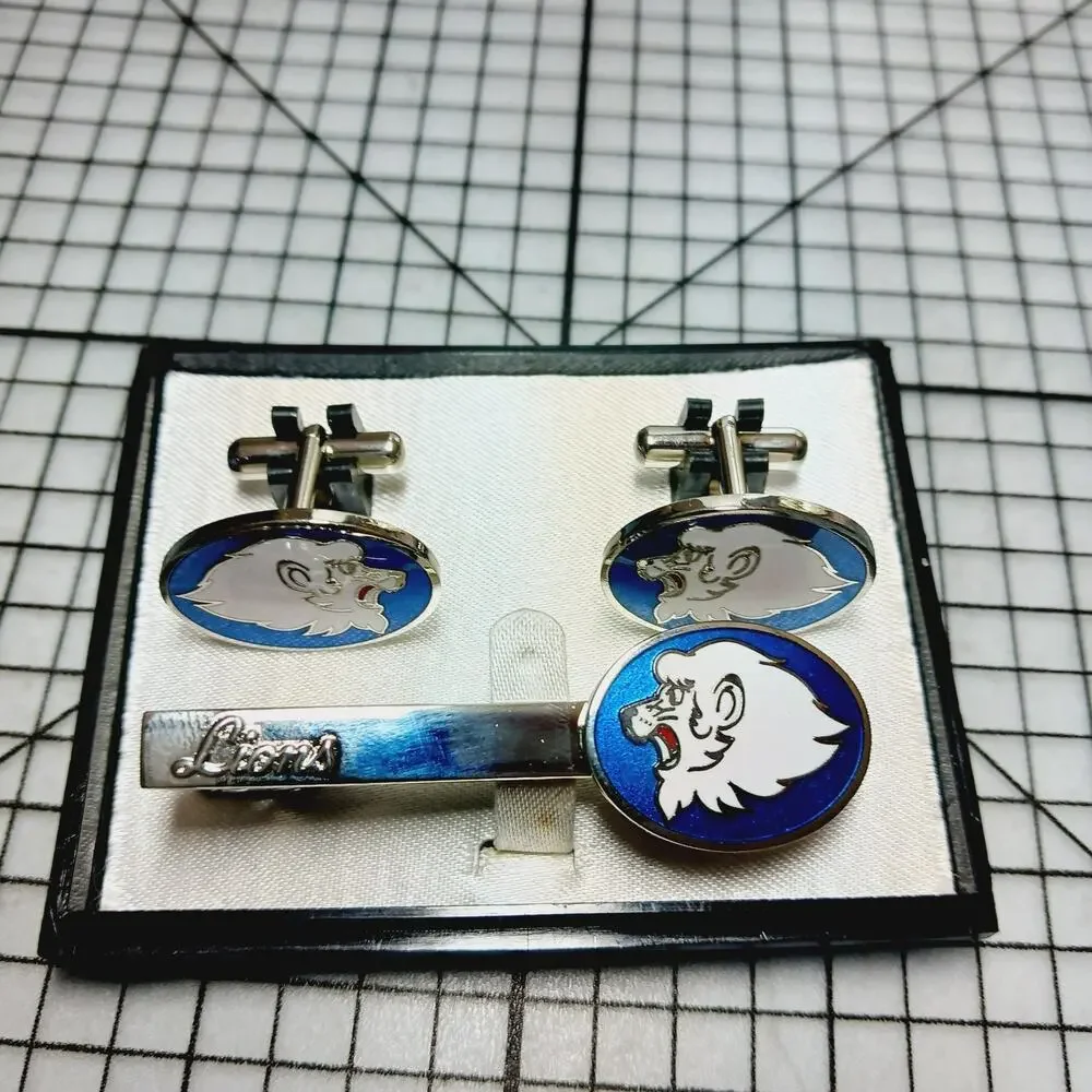 Cufflinks & Tie Tack Set 3pcs VTG Seibu Lions Japan Baseball NPB Box Blue Enamel